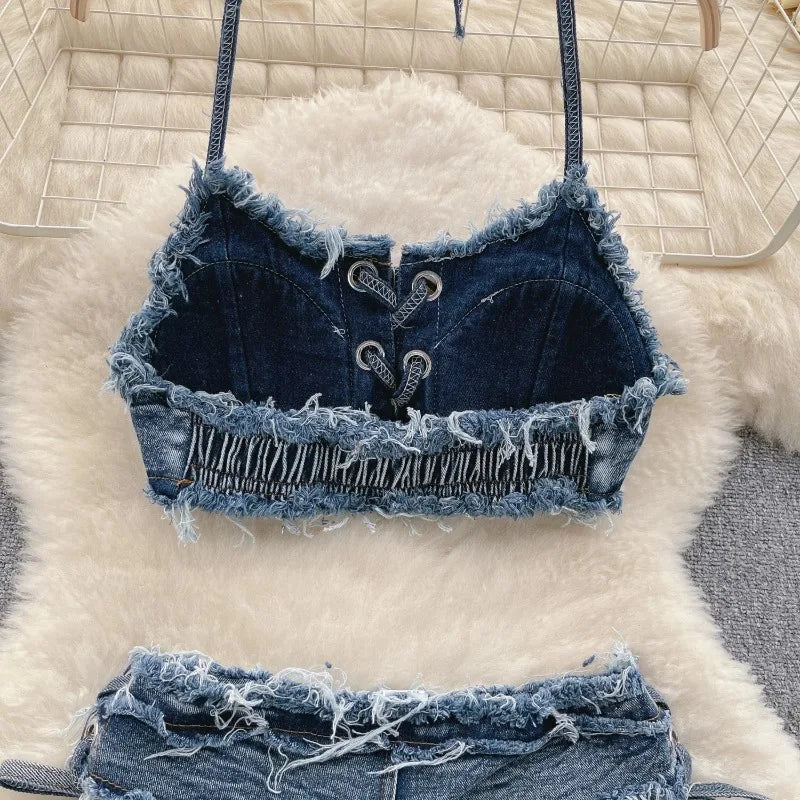OIINAA Bathing Suit Women Sexy Denim Suits Bikini Set Lace Up Drawstring Beachwear 2025 Solid Summer Vintage Two-pieces Swimwear