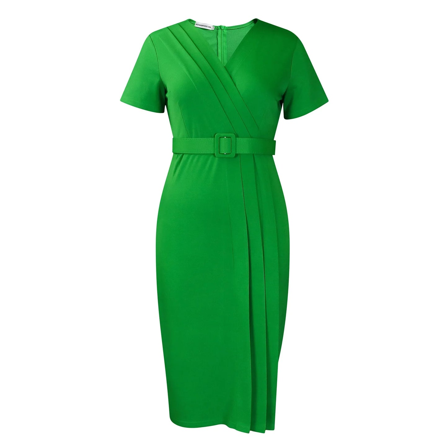 Office Dress - V Neck Belt Pleated Midi