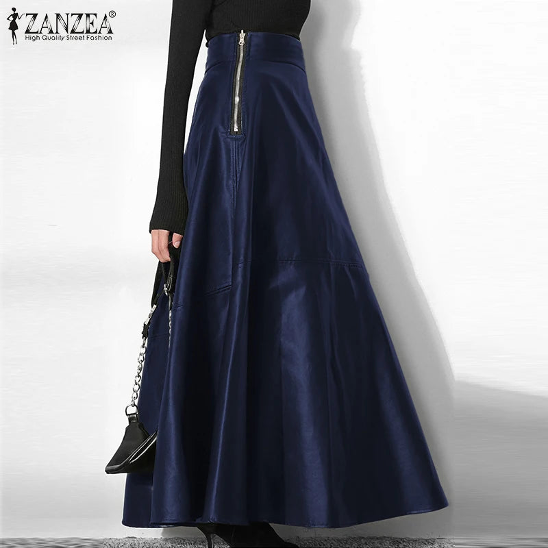PU Leather Maxi Skirt - High Waist Zipper Style B