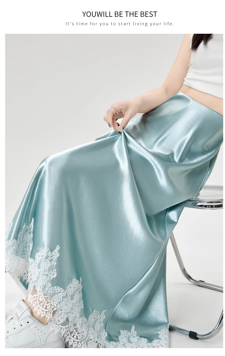 Satin Maxi Skirt - High Waist Side Slit Black