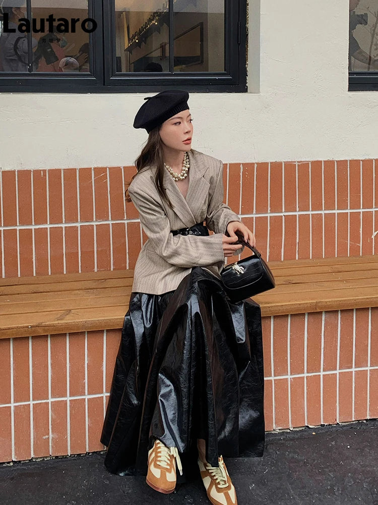 PU Leather Maxi Skirt - High Waist Pleated Black