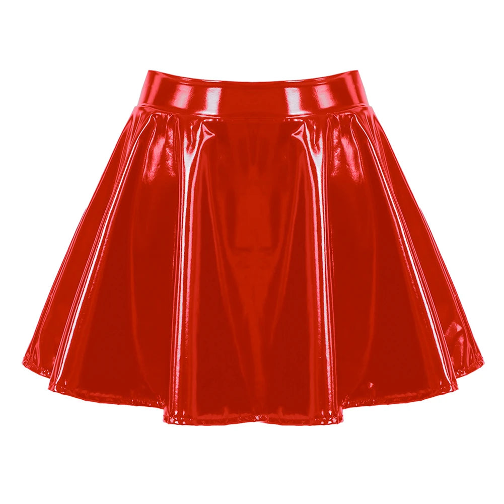 Women's Sexy Glossy Patent Leather Flared Miniskirt Dance-Performance Hot Pleated Skirt A-Line Skirt Clubwear Cosplay Costume