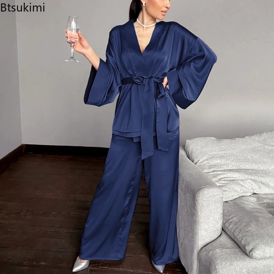 Pijama Dos Piezas Satinado con Cinturón Mujer Estilo Elegante