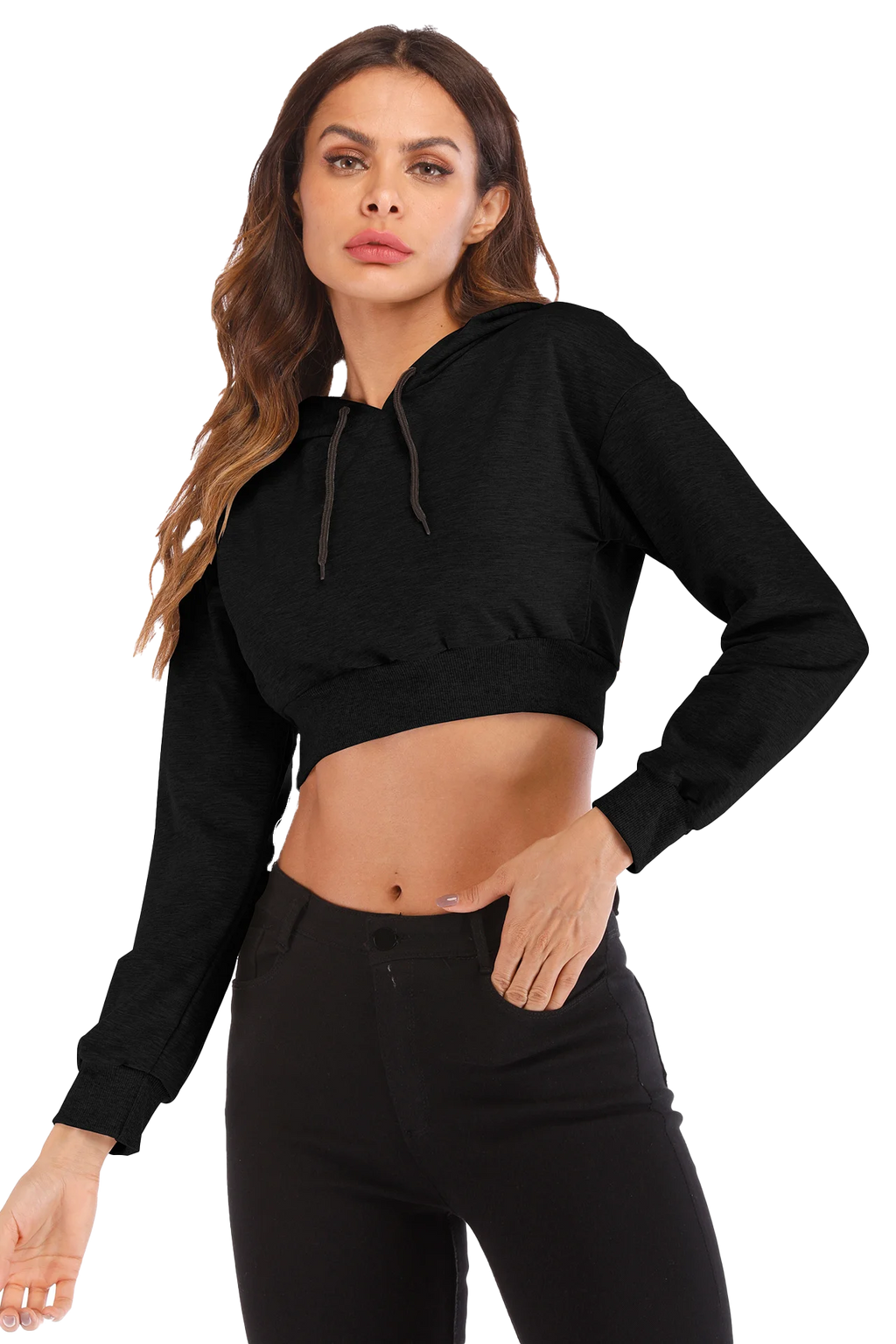 Polerón Corto con Capucha Mujer Casual Manga Larga Sólido