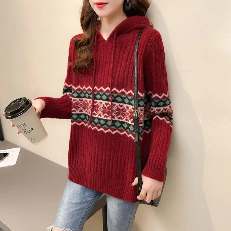 Polerón con Capucha Mujer Suelto Cordón Patchwork Estilo Étnico