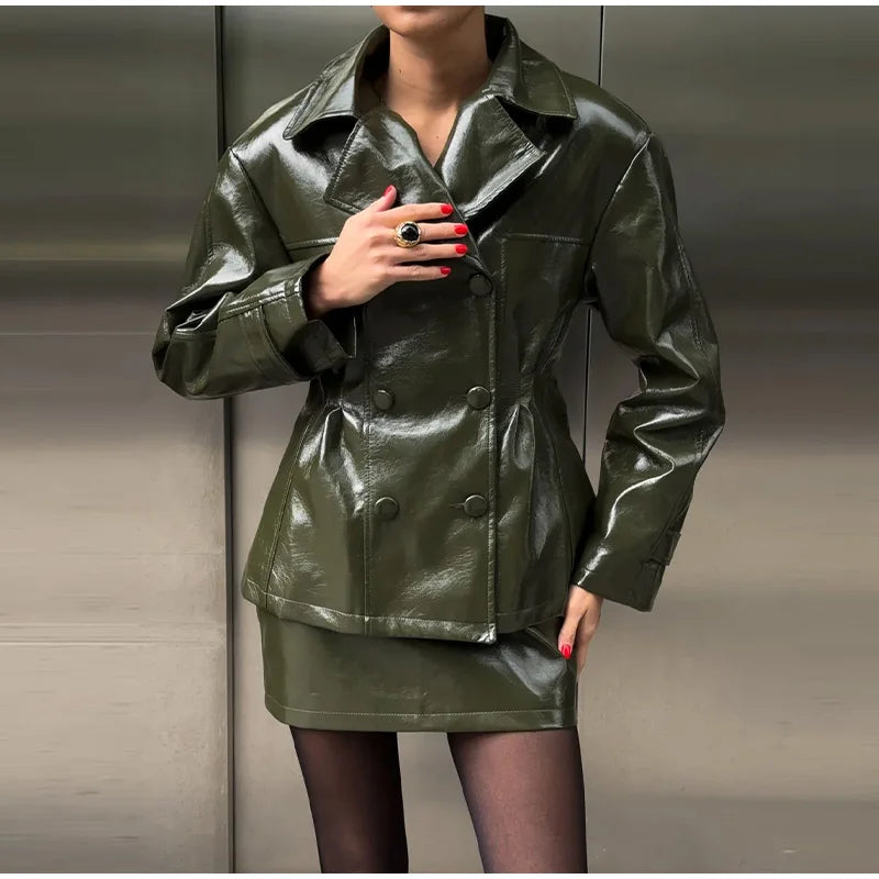 Two Piece Set - Leather Jacket & Mini Skirt