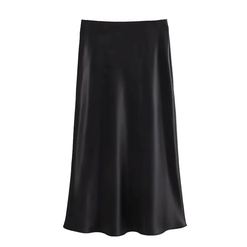 Satin Long Skirt - High Waist Draped Midi