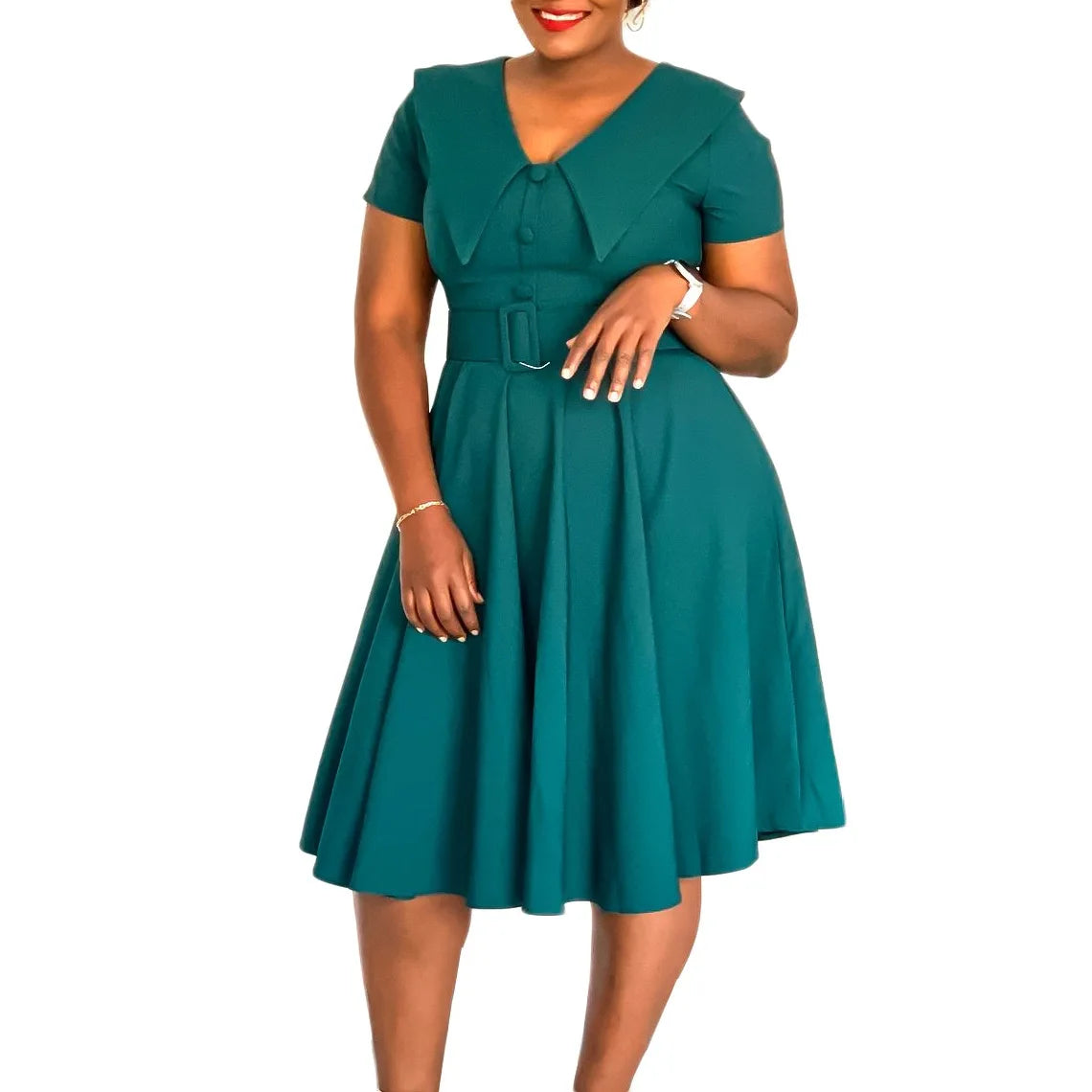 Office Dress - Turn Down Collar Pleated Midi