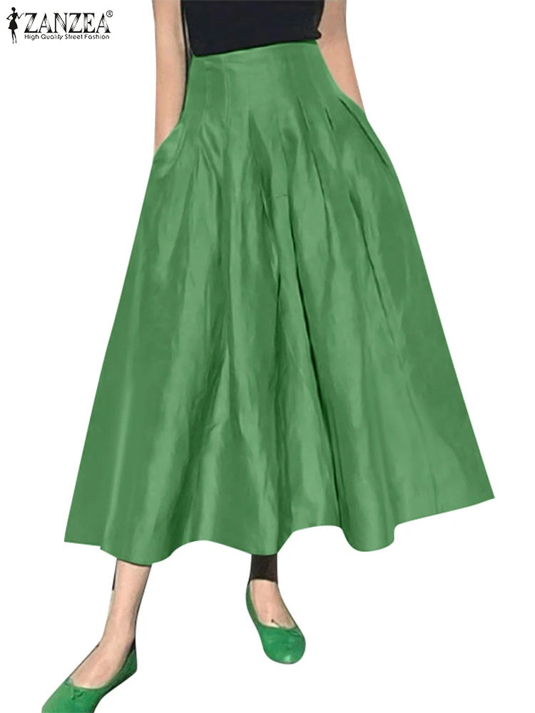 ZANZEA Fashion Holiday Faldas Mujer Casual Women Solid Color High Waist Jupe Femmes Elegant Commute Pleated Front Midi Skirts