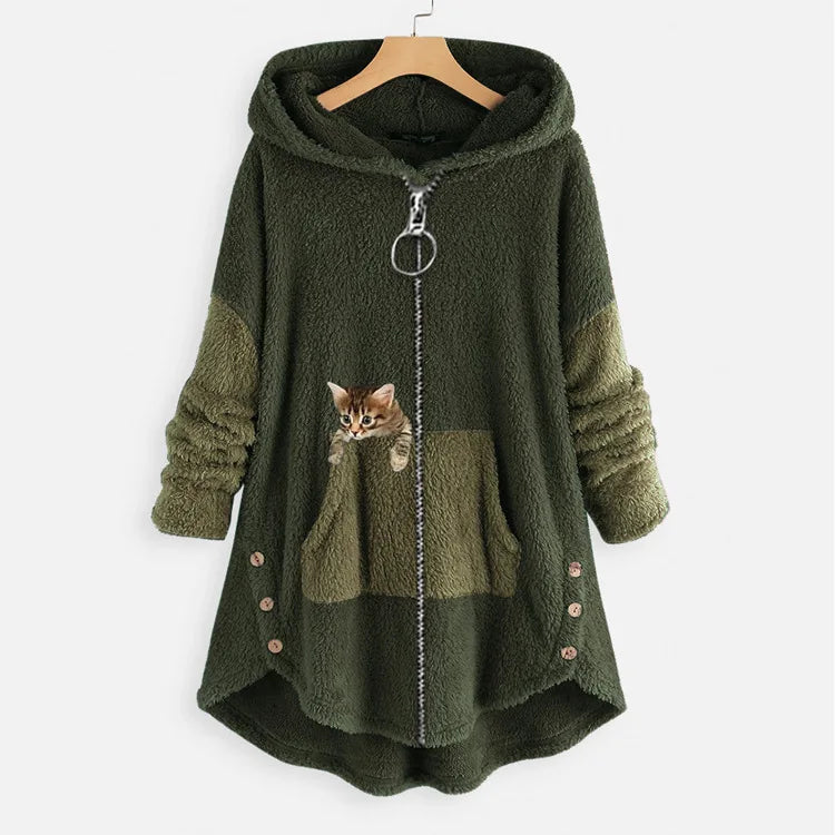 Chaqueta con Capucha Cremallera Mujer Estampado Gato Grueso