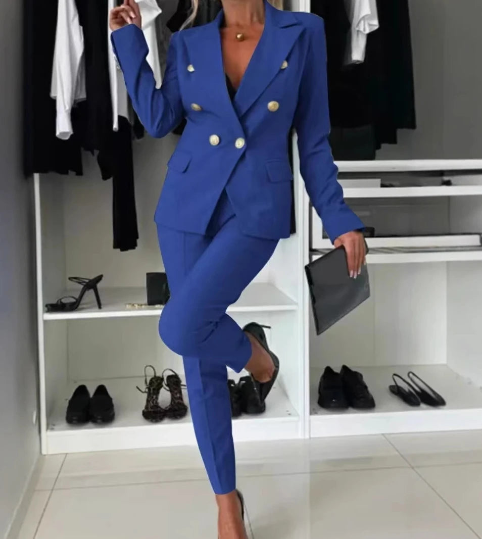 Conjunto Mujer Dos Piezas Saco Largo y Pierna Ancha Oficina