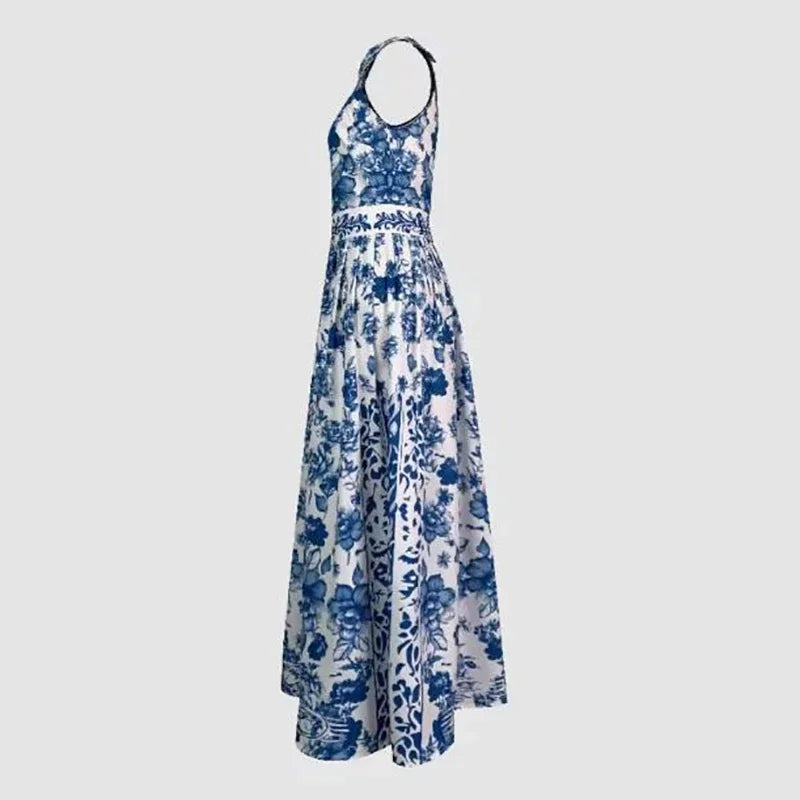 Vestido Largo Azul Floral Geométrico Sin Mangas Elegante Fiesta