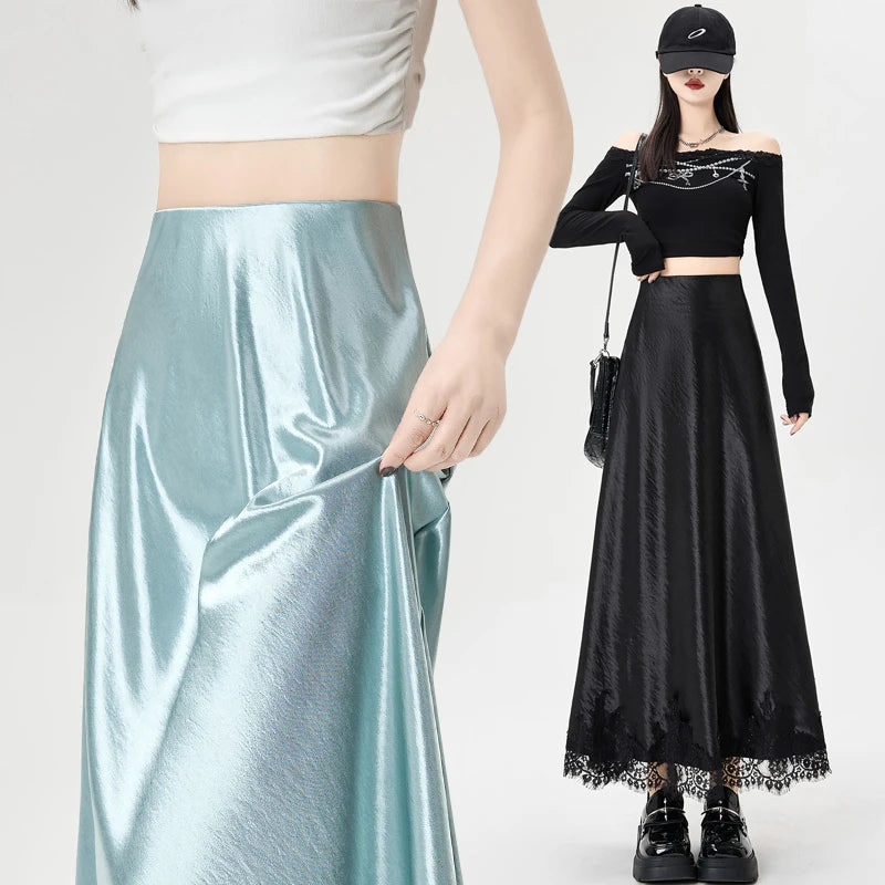 Satin Maxi Skirt - High Waist Side Slit Black