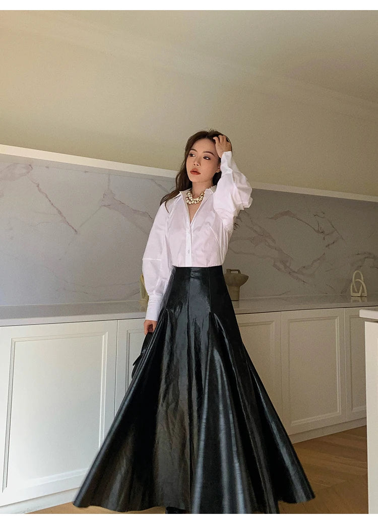 PU Leather Maxi Skirt - High Waist Pleated Black