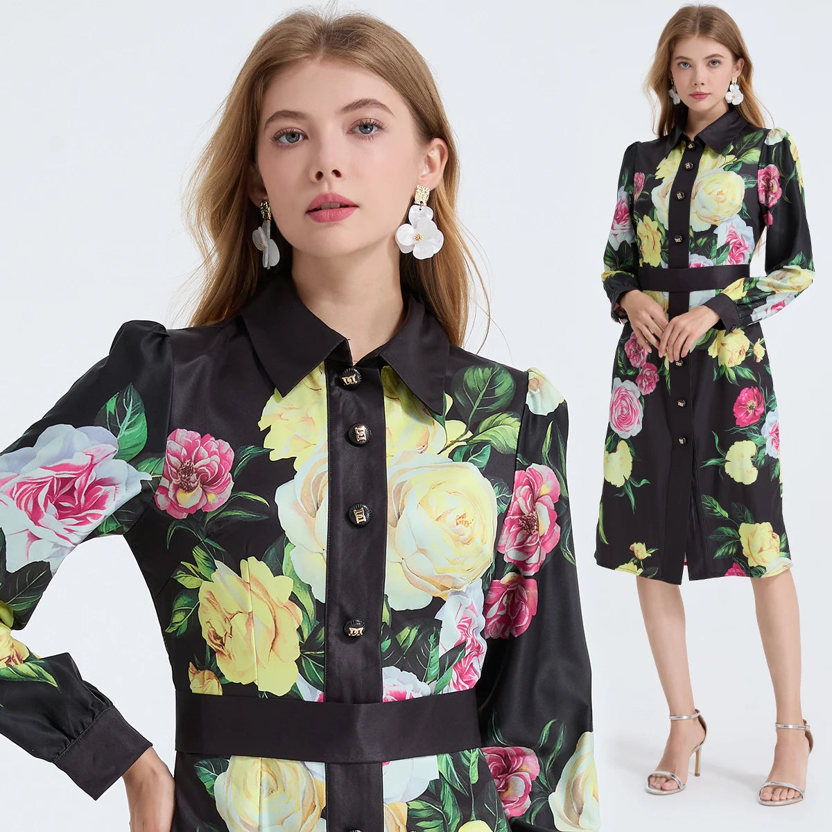 Pencil Dress - Long Sleeve Floral Polka Dots