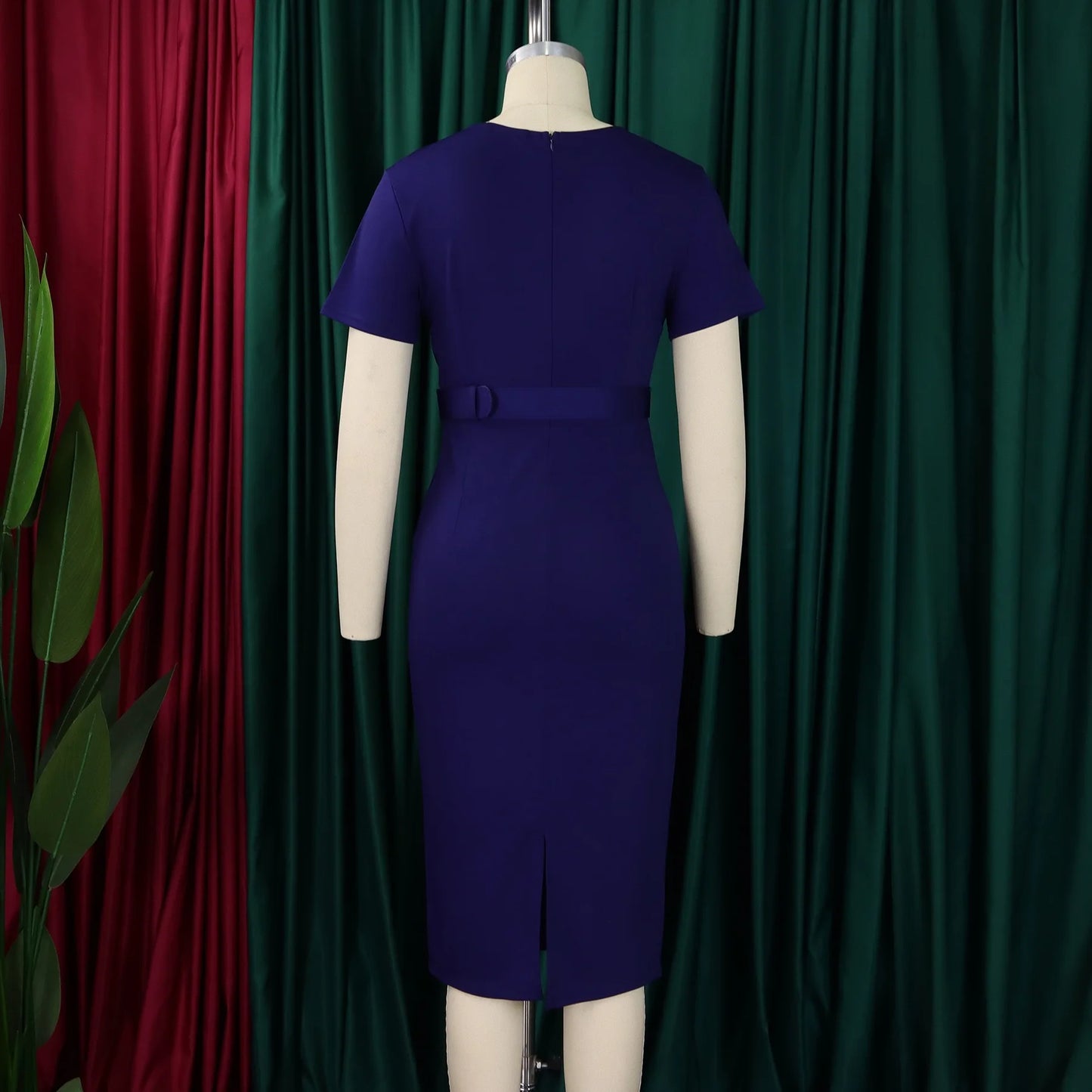 Office Dress - V Neck Belt Pleated Midi