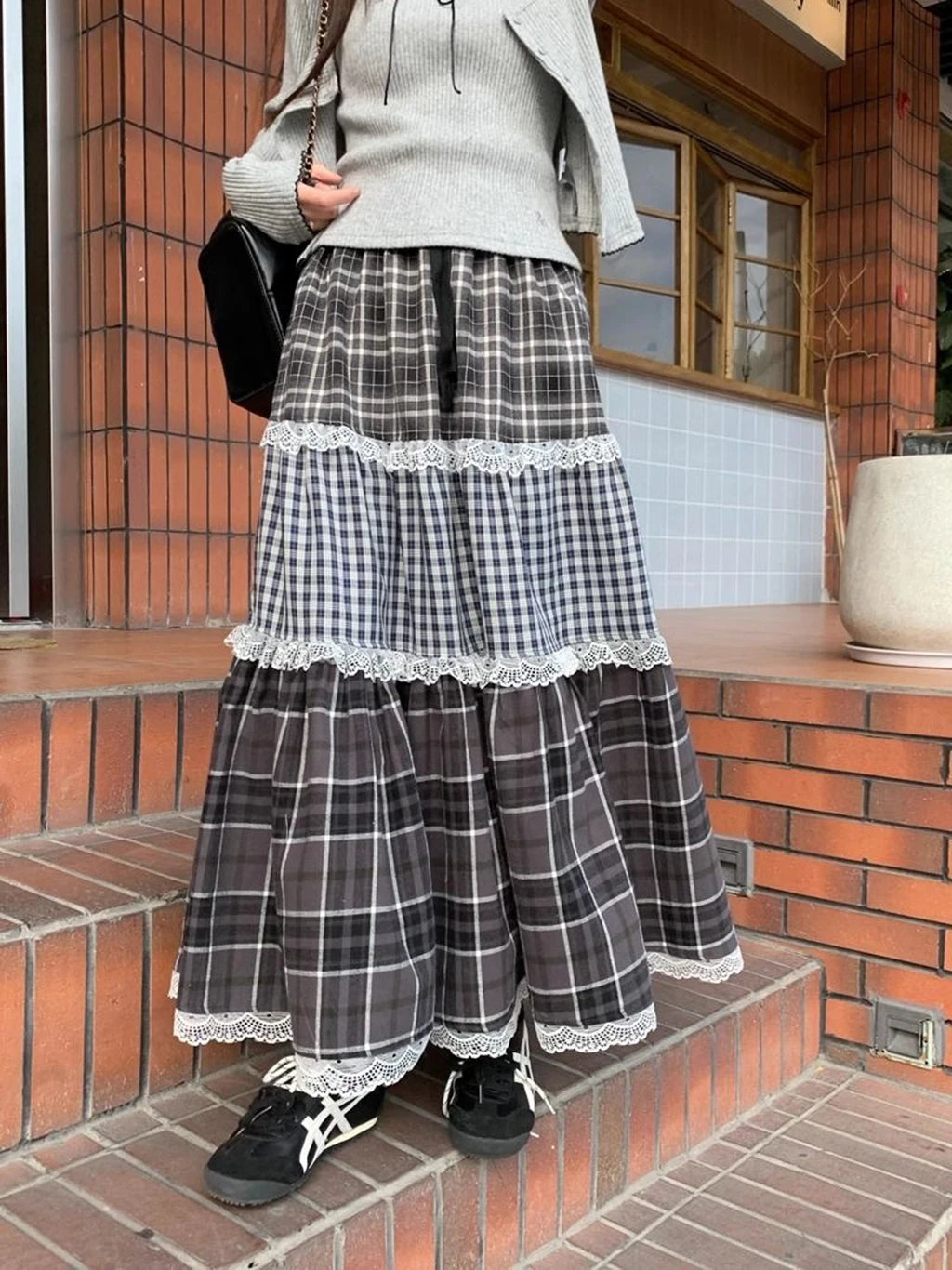 Patchwork Lace Long Skirt - High Waist Plaid Vintage