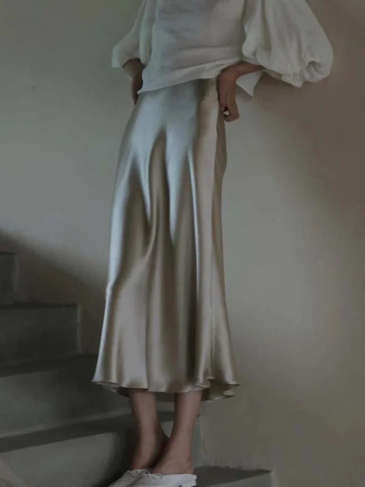 Satin Long Skirt - High Waist A-Line Black