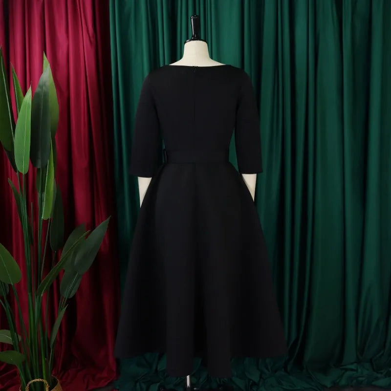 Party Dress - A-Line Belt Three Quarter Sleeve