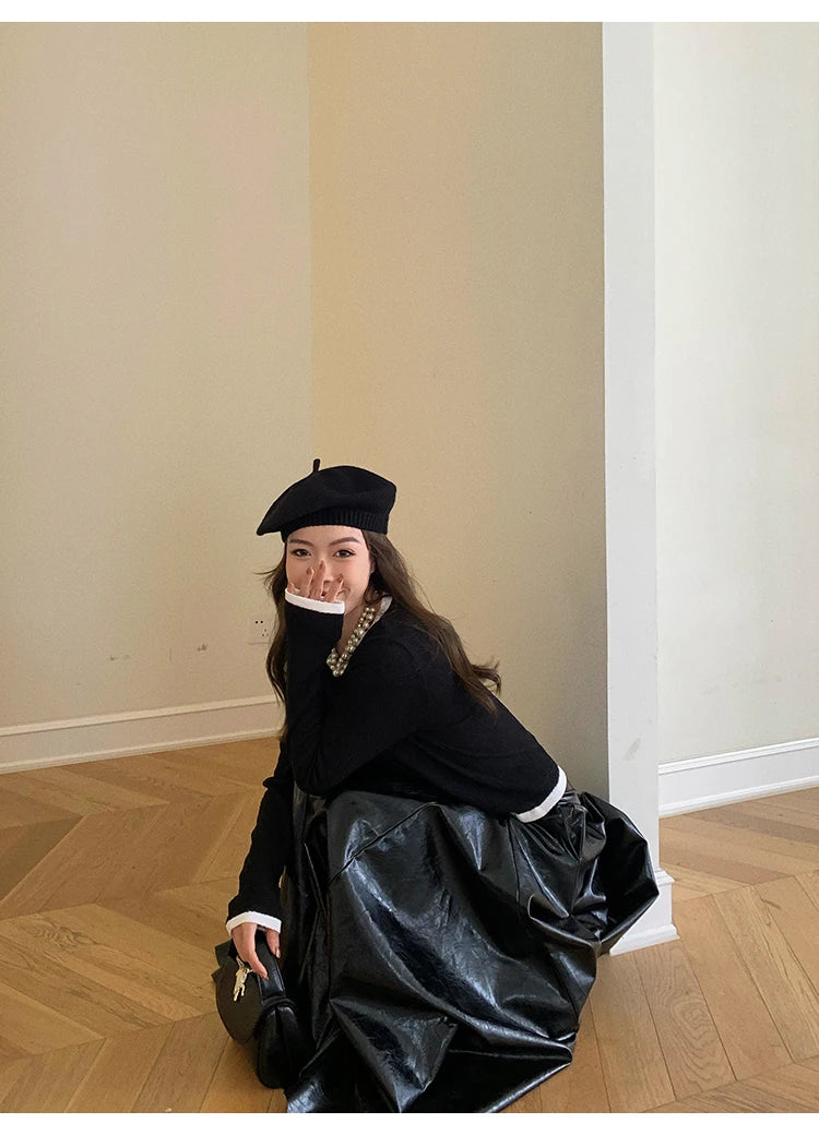 PU Leather Maxi Skirt - High Waist Pleated Black