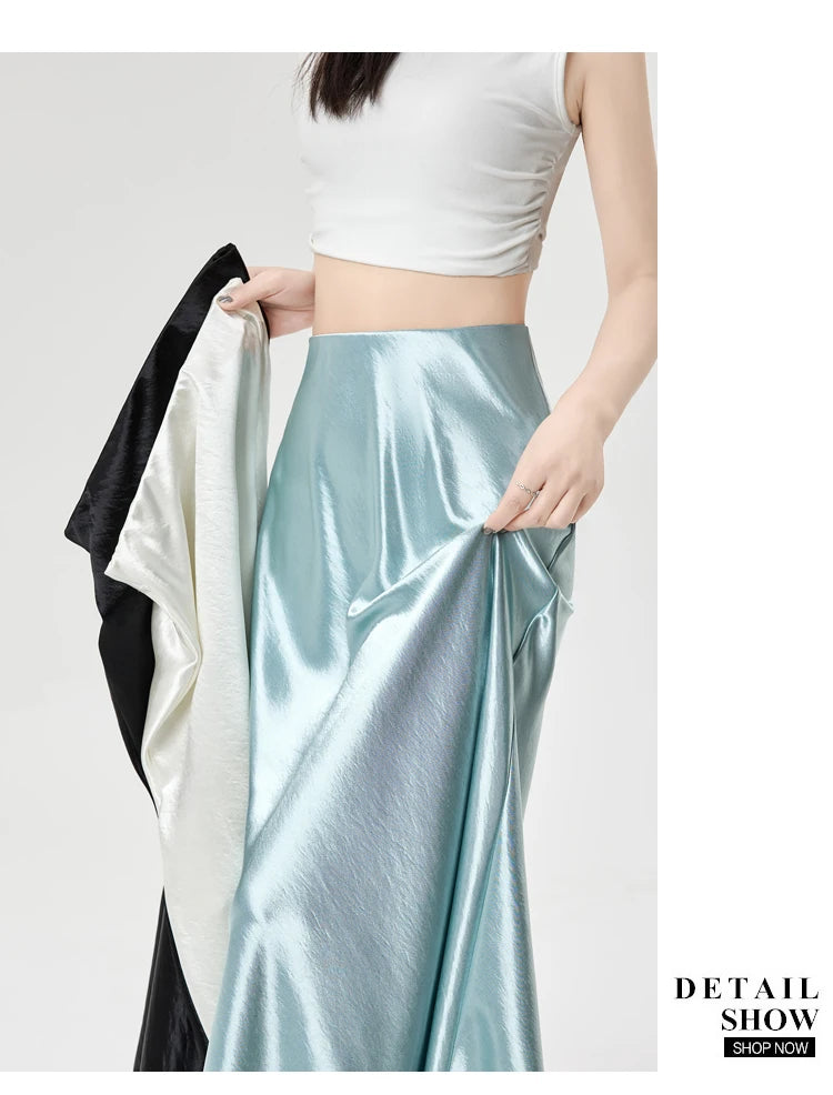 Satin Maxi Skirt - High Waist Side Slit Black