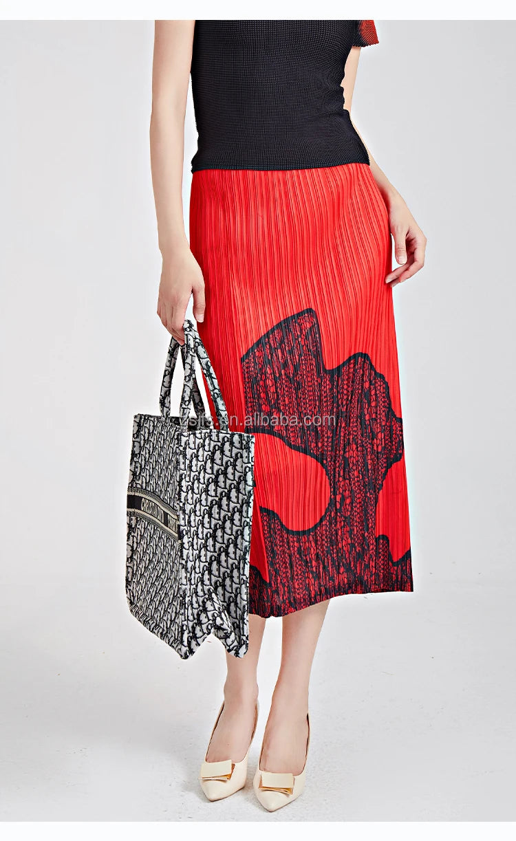 Pleated Pencil Midi Skirt - High Waist Print