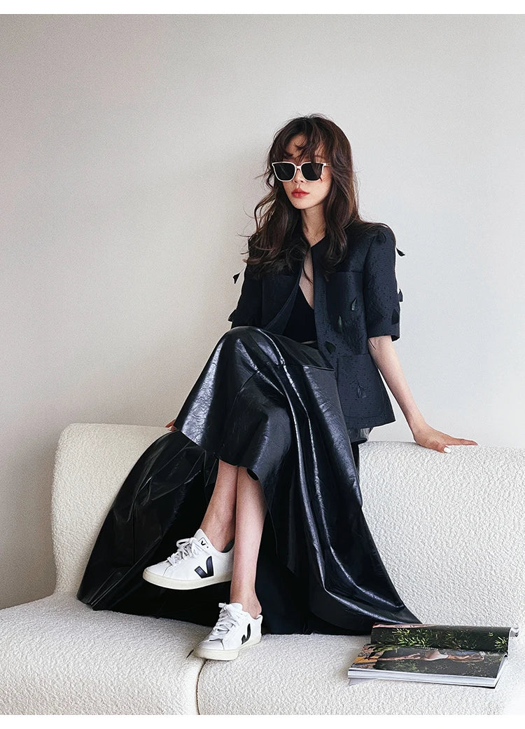 PU Leather Maxi Skirt - High Waist Pleated Black