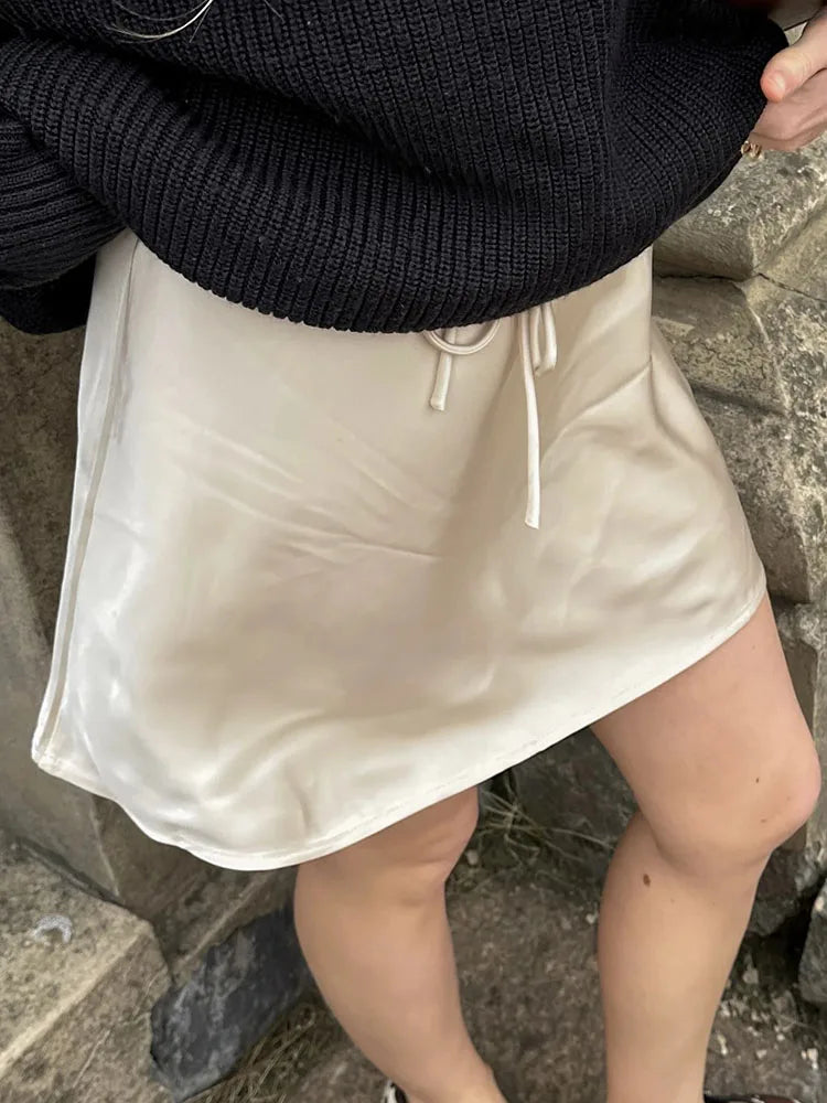 Satin Mini Skirt - Drawstring High Waist A-Line