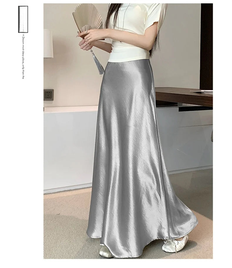 Pink Satin Midi Skirt - High Waist Fishtail Wrap