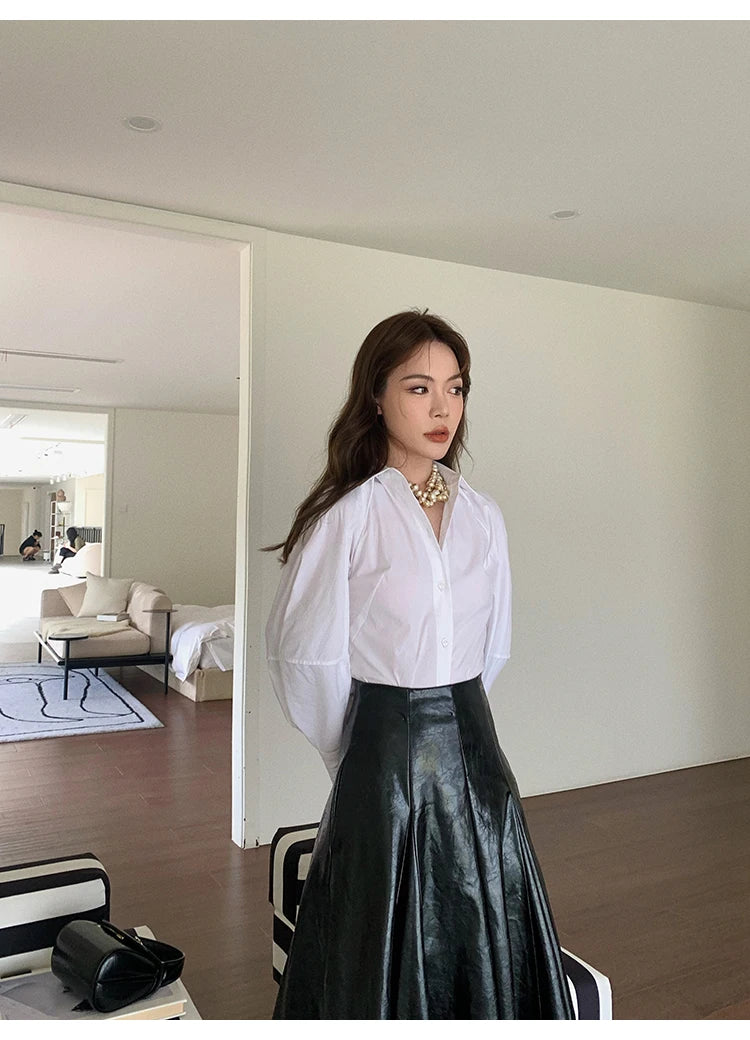 PU Leather Maxi Skirt - High Waist Pleated Black