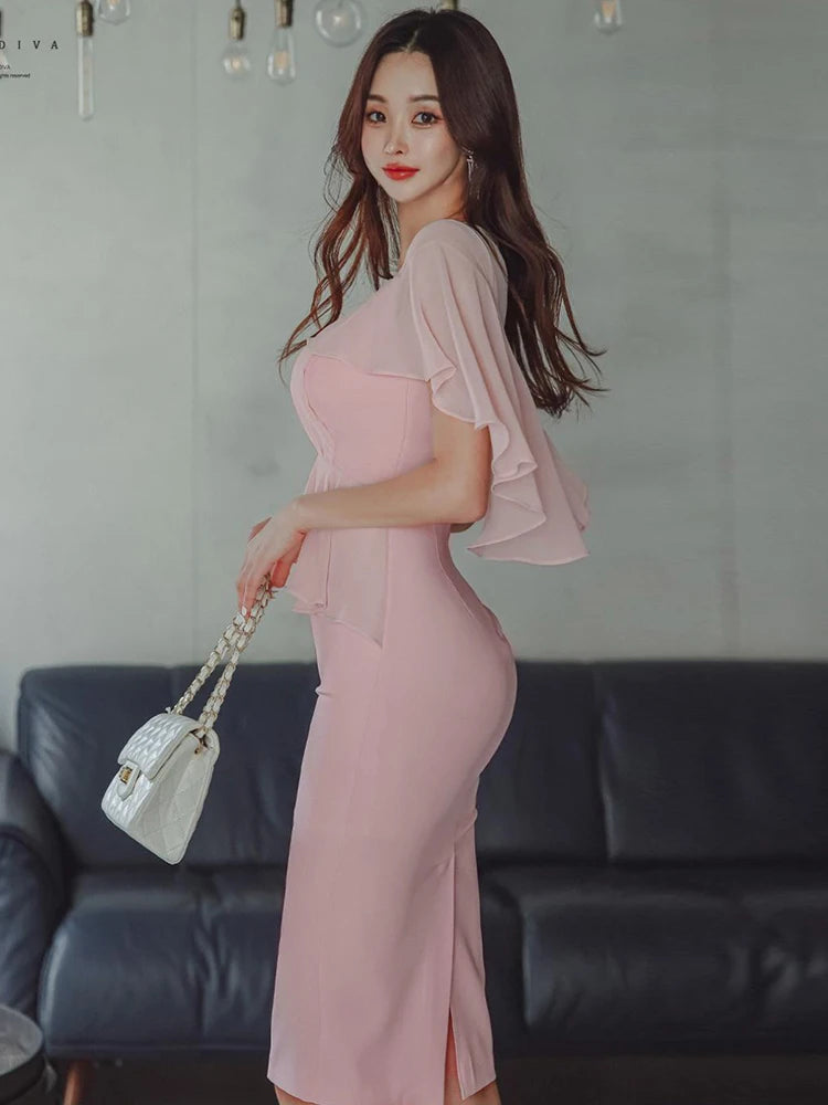Pink Pencil Dress - Cloak V-Neck Midi Party