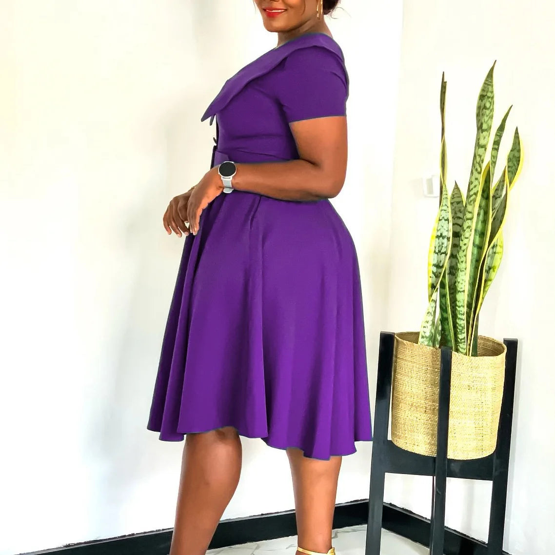 Office Dress - Turn Down Collar Pleated Midi