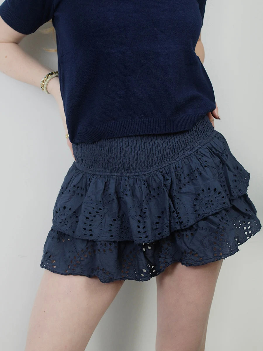 Shirred Mini Skirt - Layered Ruffle High Waist