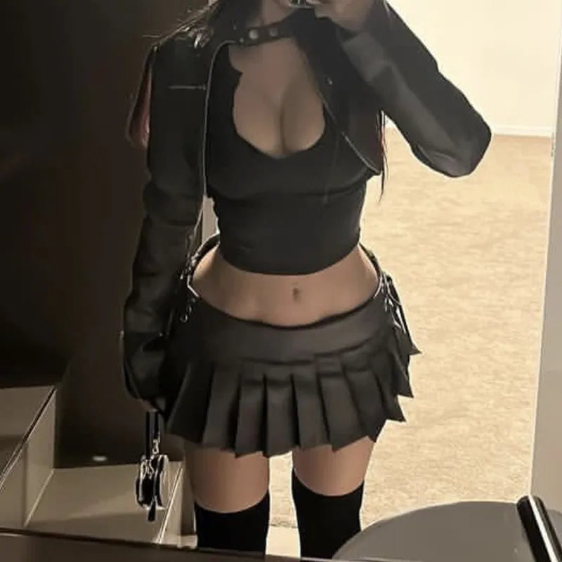 Y2K PU Leather Pleated Mini Skirt With Shorts lining Sexy Metal eyelets Cross Bandage Low Waist Short Skater Coffee Black