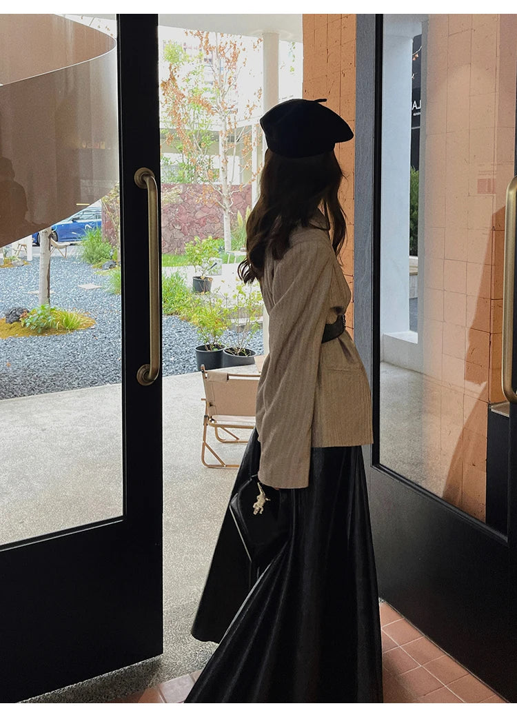 PU Leather Maxi Skirt - High Waist Pleated Black