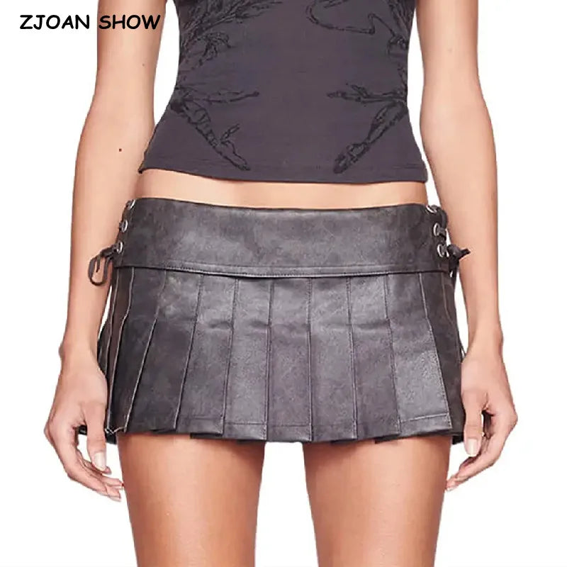Y2K PU Leather Pleated Mini Skirt With Shorts lining Sexy Metal eyelets Cross Bandage Low Waist Short Skater Coffee Black