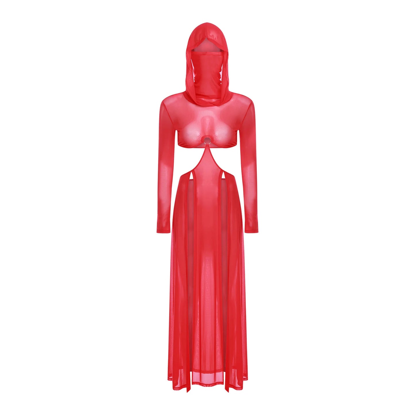 Sheer Maxi Dress - Hooded Face Mask High Slit