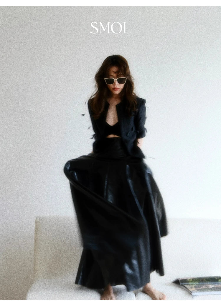 PU Leather Maxi Skirt - High Waist Pleated Black