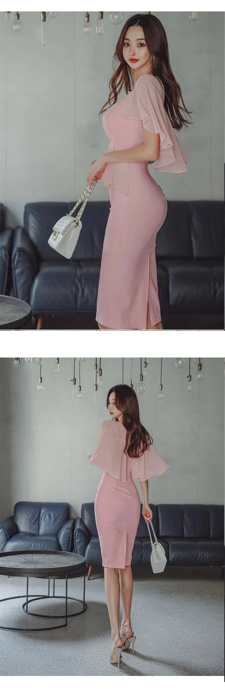 Pink Pencil Dress - Cloak V-Neck Midi Party