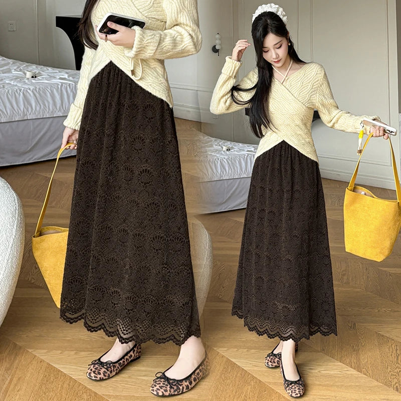 Retro Mid-length Lace Fleece Skirt Women Korean Fashion Fall Winter High-waisted Skirt Female Chic All Match Faldas 2025