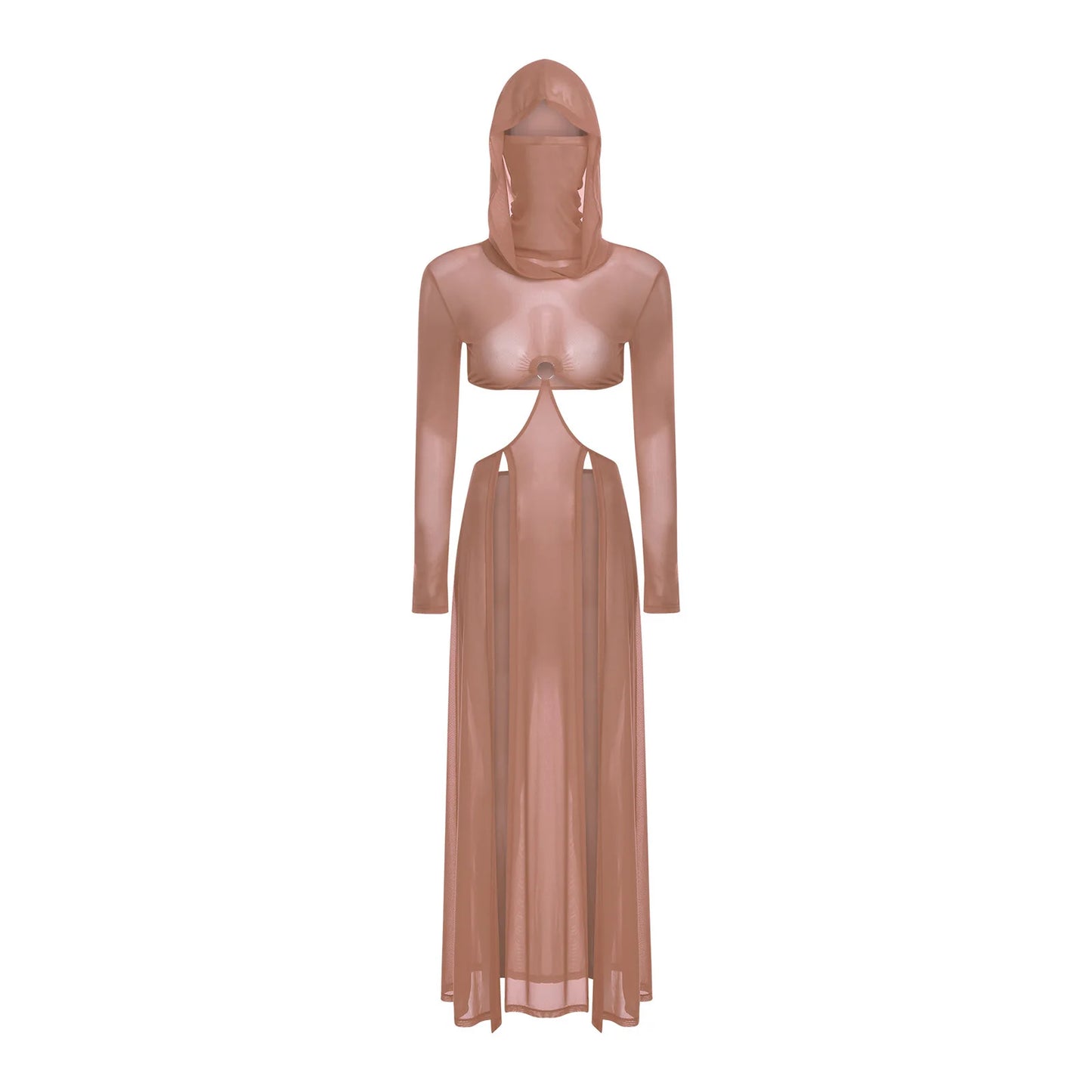 Sheer Maxi Dress - Hooded Face Mask High Slit