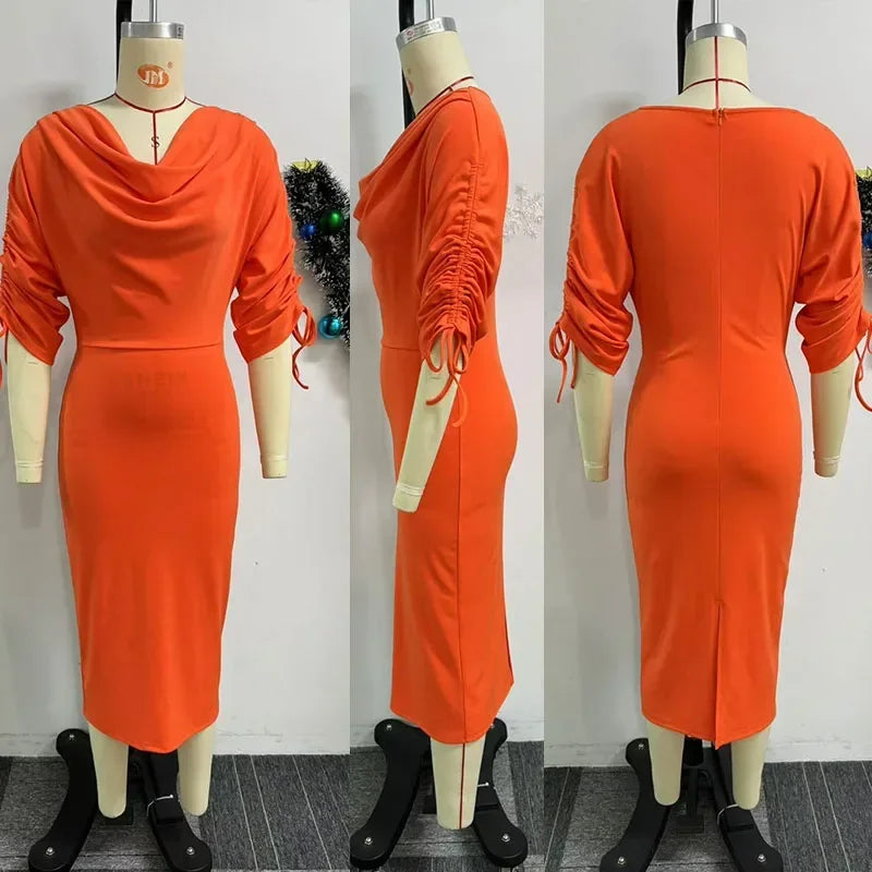 Pencil Midi Dress - Vintage Office Drawstring Ruched
