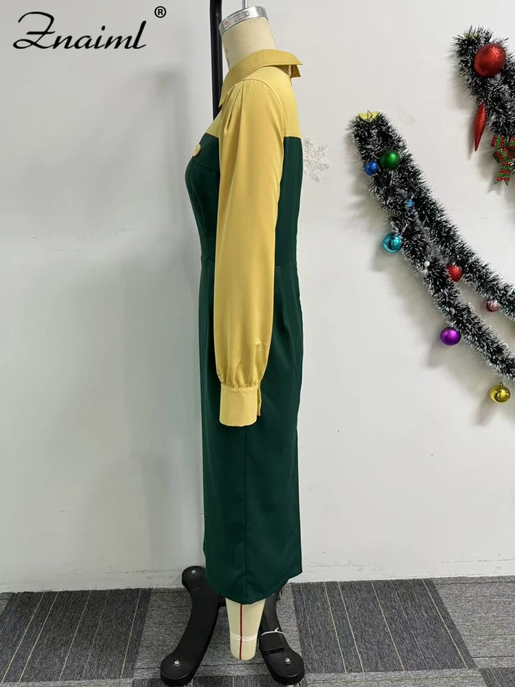Pencil Midi Dress - Green Patchwork Button Office