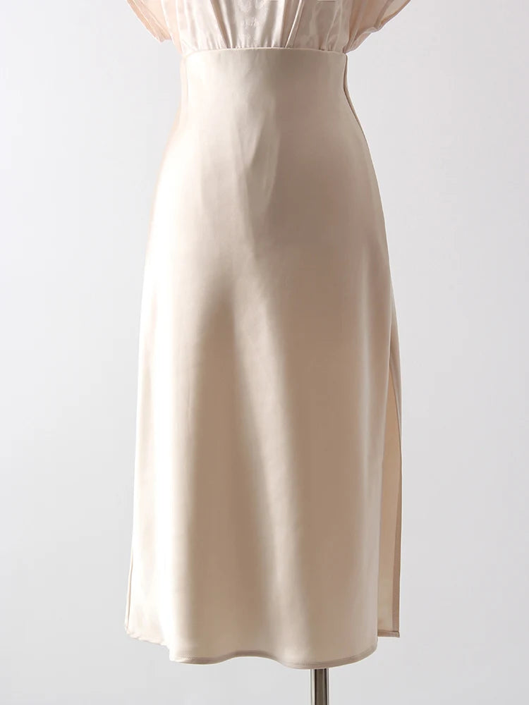 Satin Midi Skirt - A-Line Side Slit