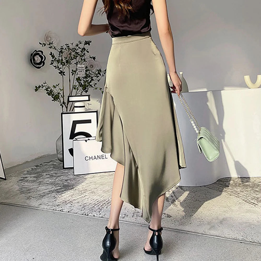 Satin Mermaid Long Skirt - High Waist Irregular