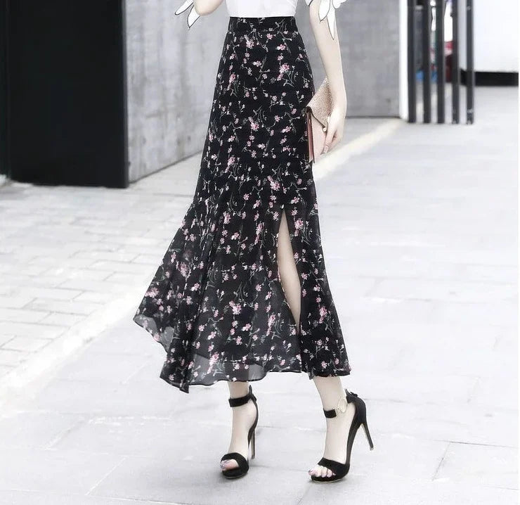 Velvet Midi Skirt - Belted Pleated Long