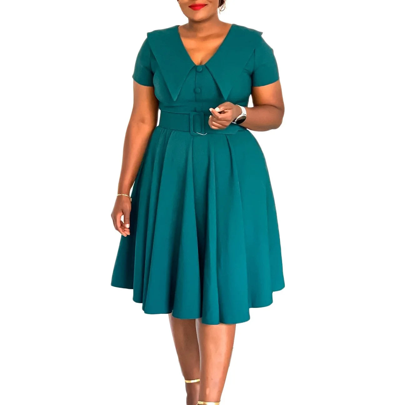 Office Dress - Turn Down Collar Pleated Midi