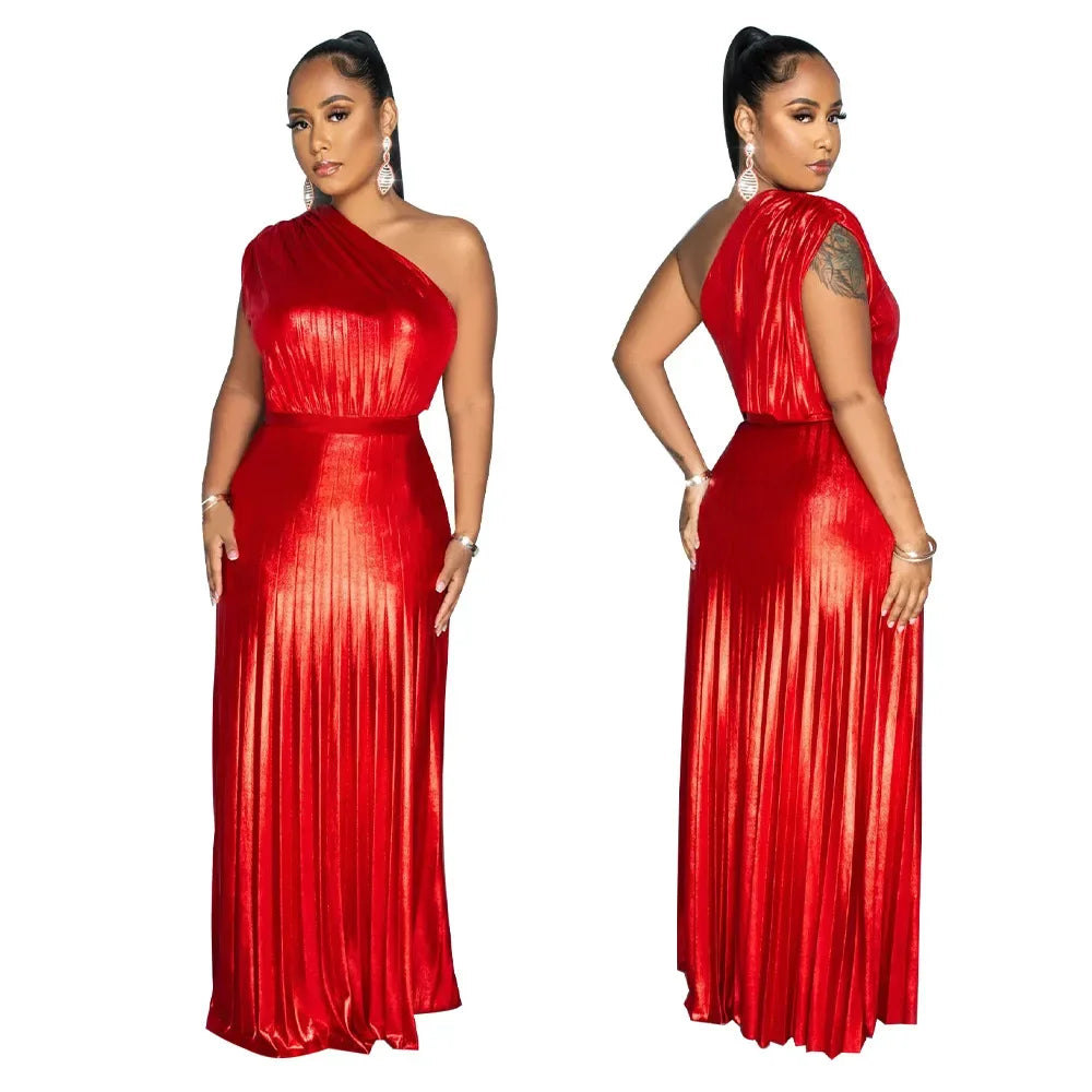 Vestido Largo Plisado Metálico Un Hombro Sin Mangas Brillante