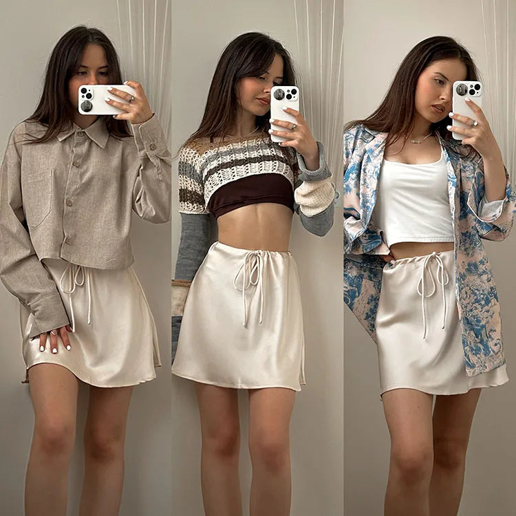 Satin Mini Skirt - Drawstring High Waist A-Line
