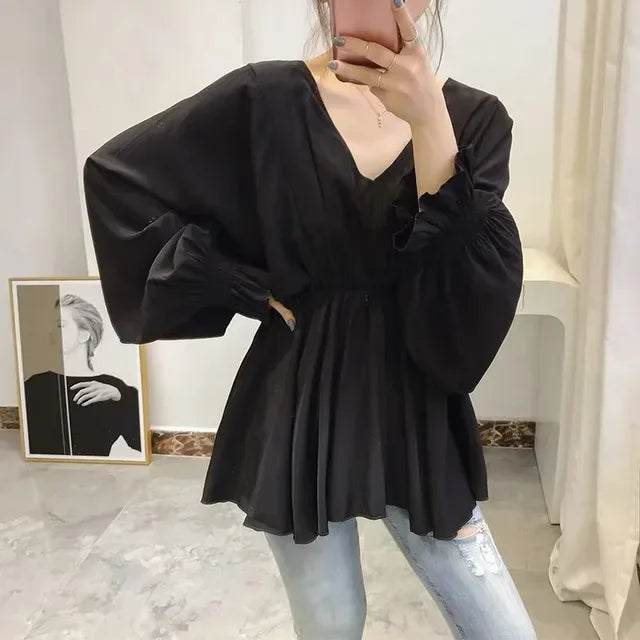 Blusa Chifón Cuello V Pliegues Manga Larga Slim Verano